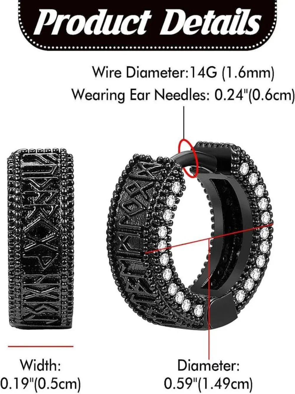 Stylish Black Viking Hoop Earrings for Men | Nordic Runes Huggie with CZ Stone
